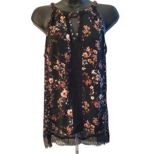 White House Black Market  Floral Black Sleeveless Halter With Lace Detail Size M